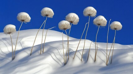 Snowy plants against a bright blue sky; winter landscape