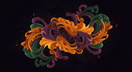 Abstract Swirls of Color:  A mesmerizing abstract design features swirling, organic shapes in shades of emerald green, orange, and purple, set against a dark background.