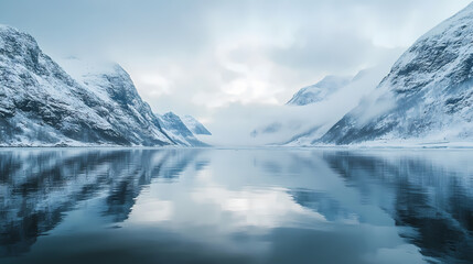 Fototapeta premium Calm icy fjord between snow-covered mountains. Icy Fjord. Illustration