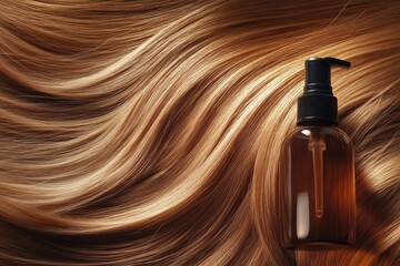 Naklejka premium Shampoo bottle against a background of luxurious hair
