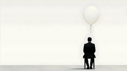 Obraz premium Contemplative man with balloon minimalist studio photography indoor rear view emotional reflection
