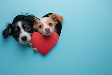 Cute dogs with red heart on blue background. Valentines day concept