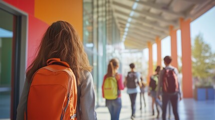 Groups of students, carrying backpacks in vibrant colors, walk down a modern corridor filled with natural light. The atmosphere reflects a lively school environment and camaraderie.