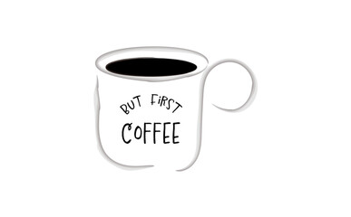コーヒーが入ったコーヒーカップと、But First Coffeeの手書き風のロゴマーク
