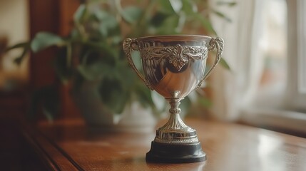 Victory Trophy on Wooden Table, Signifying Triumph and Achievement
