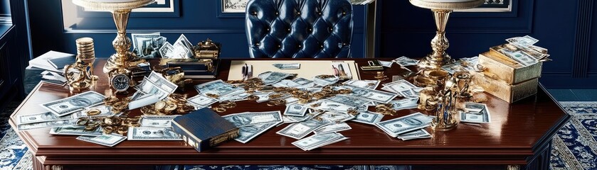 Wealthy office desk, money, gold, luxury. Business success image