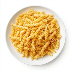 Close up of  a bowl of fusilli pasta on white background