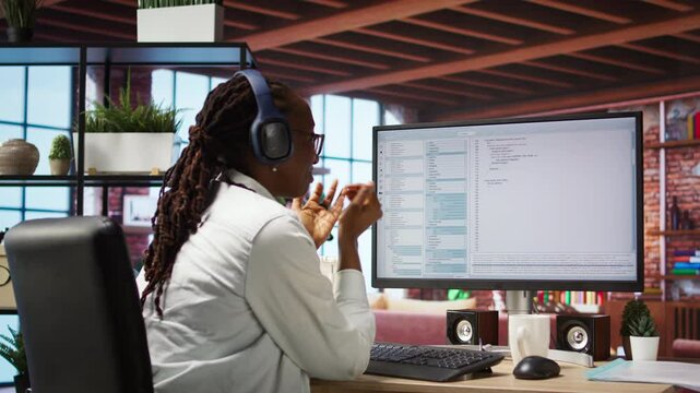 Excited programmer wearing headphones testing code on PC, clapping hands after seeing positive result. Upbeat woman at home overjoyed after fixing errors in application, listening music, camera A