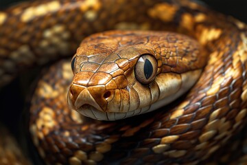 Fototapeta premium Beautiful yellow snake with big eyes on black background. Studio shot.