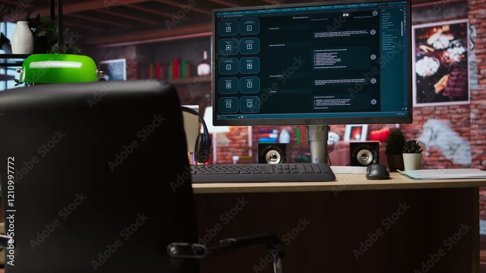 Fototapete ai llm chatbot software interface on pc in home office showing virtual assistant answering user prom