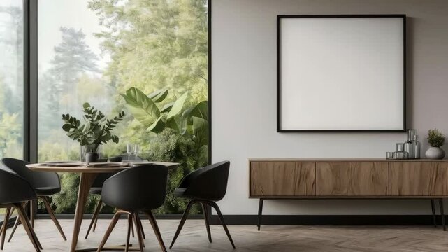 Minimalist dining room with large window and nature view progression