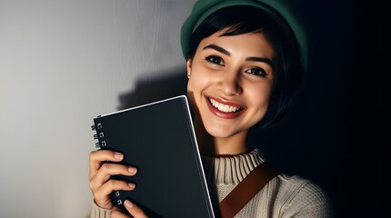A young woman with a friendly expression, dark short hair, beige sweater, brown strap, and green beret holds a black spiral notebook