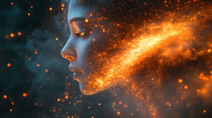 Profile of a Woman&rsquo;s Face Illuminated by Vibrant Light Particles