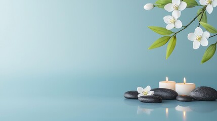 Spa scene with candles, stones, and blossoms on a blue background.