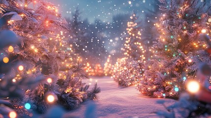 Naklejka premium Snow Covered Trees Glimmer With Festive Lights
