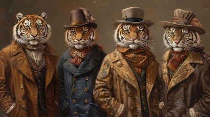 Tiger animals dressed in victorian era clothing illustration