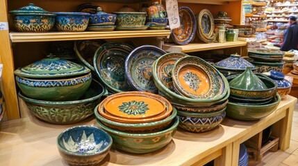 Fototapeta premium Hand-painted pottery display, shop shelves, artisan crafts, market background