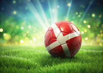 Naklejka premium A dynamic close-up photo of a football bouncing on a green field, blurred background featuring the Danish flag.