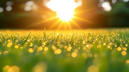 Fototapeta premium Dewdrops on Grass at Golden Sunrise