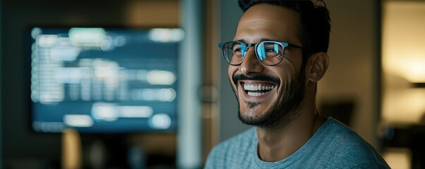 A smiling man wearing glasses, sitting in front of a computer screen displaying data, conveying a sense of joy and engagement.