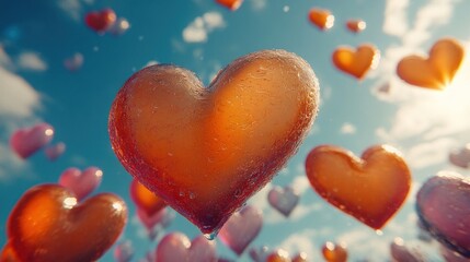 Hearts floating sunny sky, love, romance, celebration, background, design