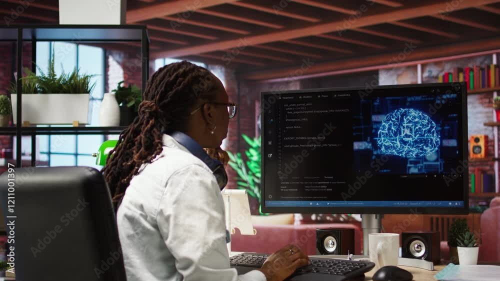 Fototapete Admin writing code on computer and doing maintenance on artificial intelligence neural networks computerized model. Tech support expert typing on keyboard, doing checkup on AI systems, camera A