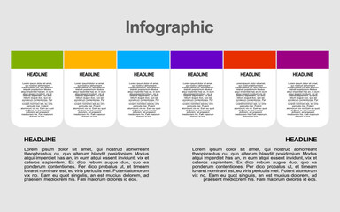 six steps infographic presents colored circles text and headlines.