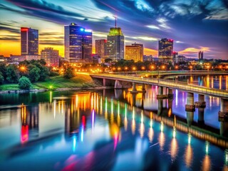 Naklejka premium A mesmerizing long exposure captures Little Rock's skyline at night, a stunning panorama.