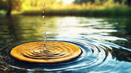 Golden Water Drop Impact Ripples Nature Tranquil Scene Peaceful Background Serene Summer Sunlight Reflection Pure Clean Liquid    