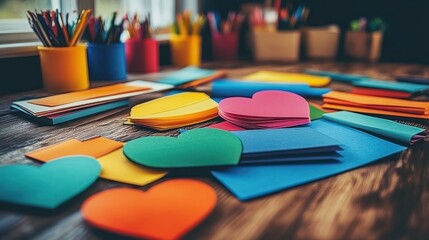 Colorful crafts, paper hearts, classroom desk, window background