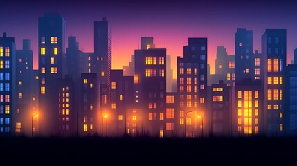 Cityscape at Twilight Illuminated Buildings Glow