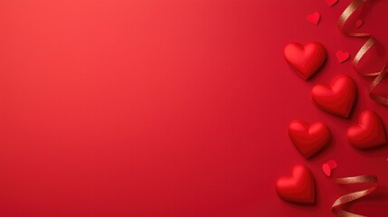 Red hearts and gold ribbon on red background. Valentine's Day concept. Copy space.