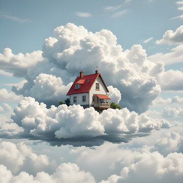 Beautiful house in clouds. Sunny day and good weather.