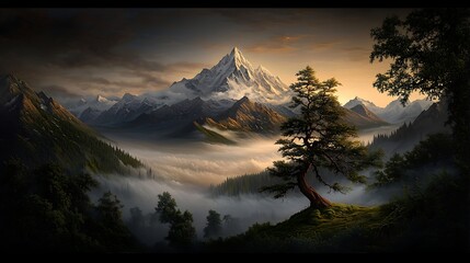 Majestic sunset mountain peak, misty valley, lone tree.  Travel poster, screensaver