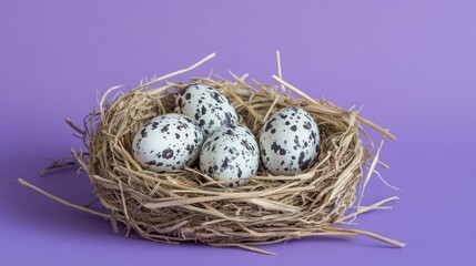 Obraz premium Spotted eggs nest lilac background spring decor