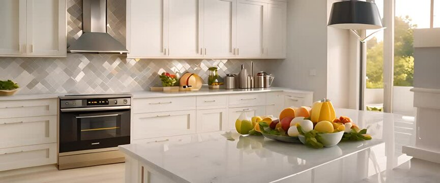 A bright, contemporary kitchen with white cabinets, gleaming stainless steel appliances, and a tiled backsplash