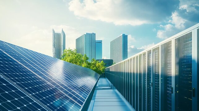 An innovative renewable energy-powered data center with solar panels and energy-efficient server farms, Sustainable style, photo of