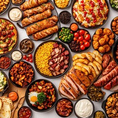 Delicious buffet spread, various dishes, restaurant setting, food photography for menus