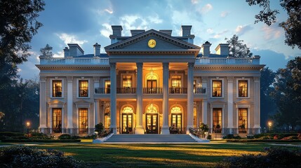 Obraz premium Elegant mansion illuminated at twilight with glowing windows and lush surroundings
