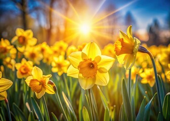 Obraz premium Blooming yellow daffodils, a springtime spectacle. Candid nature photography.