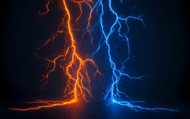 blue and orange lightning clash with dark background.