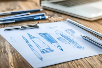 Sketch of pens and pencils on paper with a laptop on a wooden desk.