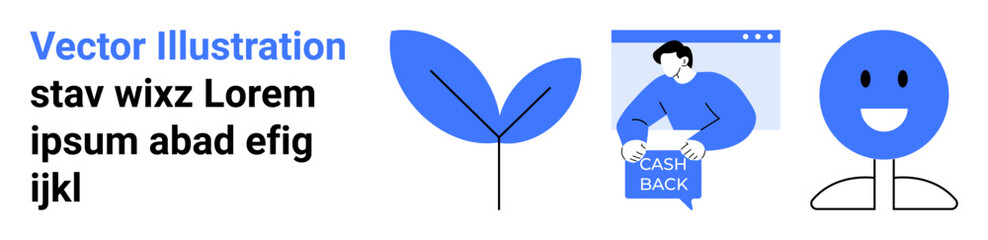 Fototapeta premium Plant leaf, person with Cash Back sign, and happy face. Ideal for websites, marketing, education, infographics, presentations, social media, and mobile apps. Landing page