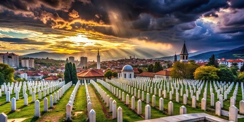 Bosnian memorials&acirc;&euro;&rdquo;Sarajevo, Srebrenica&acirc;&euro;&rdquo;stand as poignant sculptures, their Rule of Thirds compositions conveying the Balkan War's history, grief, and the enduring quest for peace.