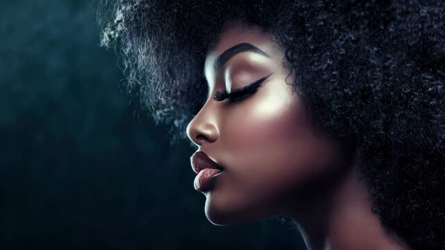 Graceful beauty: side profile of a woman with afro, capturing elegance and serenity
