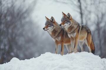 Two majestic wolves stand in snowy woods. Perfect for wildlife, nature, and winter themes.