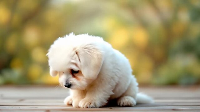 Bichon Frise Dog Sitting with Soft Natural Blur Background
