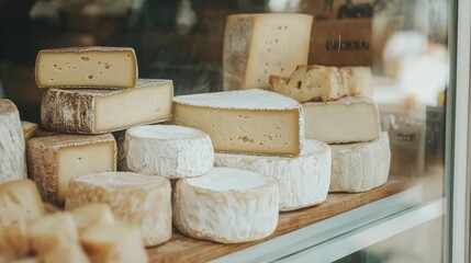 Variety of artisan cheeses displayed, shows different types and textures for food blogs, restaurant menus, or cheese shops.