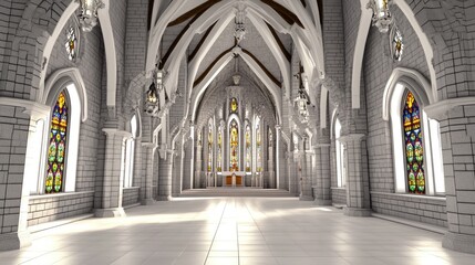 Fototapeta premium Grand cathedral interior, sunlight, wedding ceremony backdrop