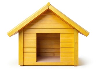 Charming yellow gable roof dog house.  Easy-to-build, simple wooden pet shelter. Minimalist design.